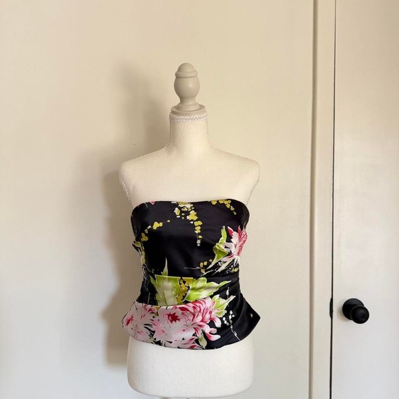 Kay Unger Tops - Kay Unger whimsygoth silk black floral corset top with pink & green flowers